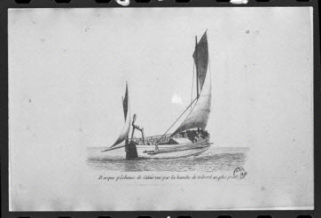 photographie - Estampe représentant une partie de pêche sur un voilier, datée fin 18è-début 19è siècle. Cuivre noir et blanc. Paris