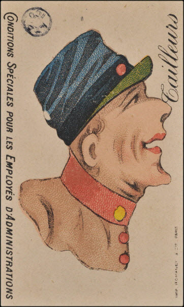 carte réclame - Un grotesque : dans un sens, une tête d'homme portant une casquette bleue. Dans un autre, une tête d'homme portant une toque.