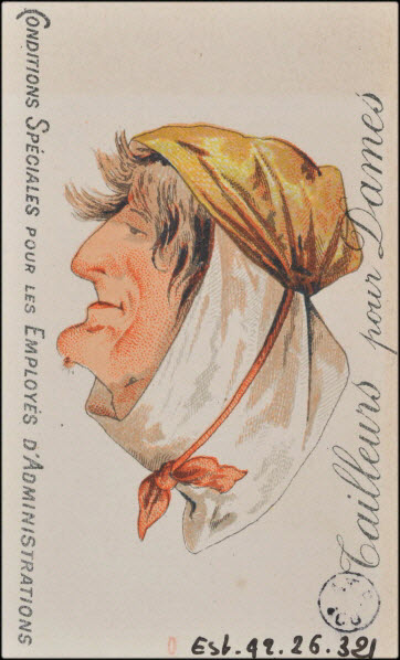 carte réclame - Un grotesque : dans un sens, une tête de femme portant une coiffe blanche. Dans un autre, une tête de vieille femme portant un fichu.