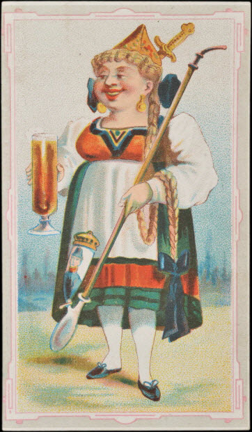 carte réclame - Bavaroise tenant une pipe et une chope de bière