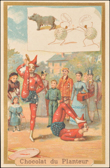carte réclame, rébus - Deux acrobates font des figures devant la foule