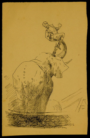 partie d'un ensemble de dessins - Homme porté par un éléphant