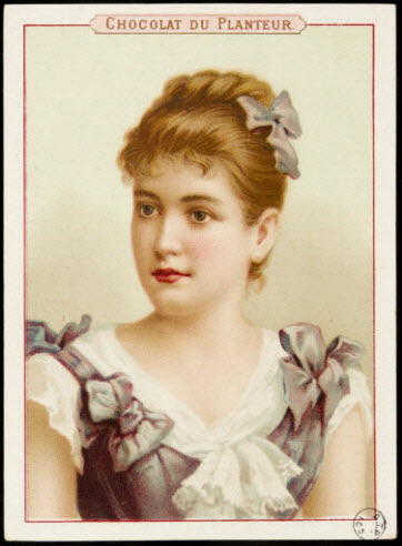 carte réclame - Portrait de jeune femme blonde au noeud bleu dans les cheveux