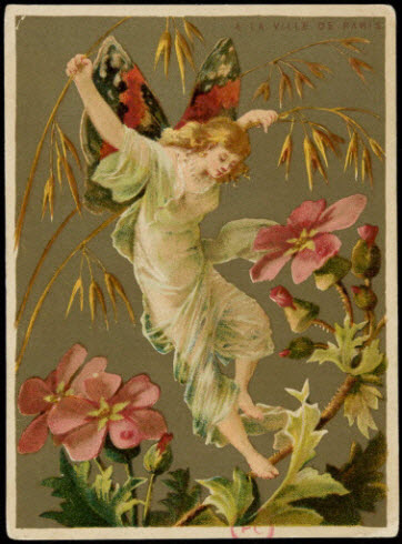 carte réclame - Jeune femme avec des ailes de papillon posée sur une branche