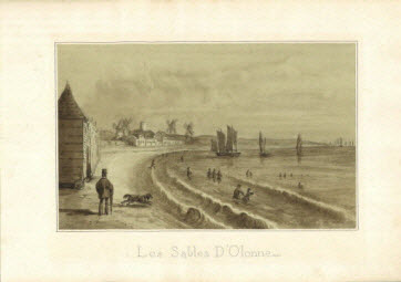 dessin - Les Sables d'Olonne (vue de la plage côté Est et anciens moulins)
