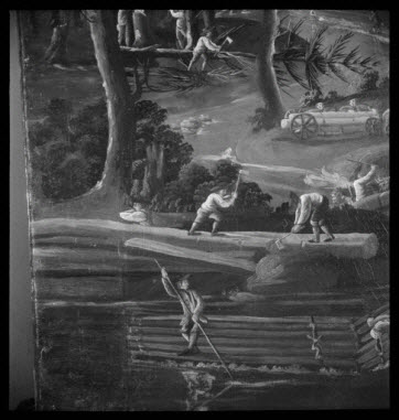photographie - Mairie. Détail du tableau, huile sur toile, "Scène dans la forêt, abattage et flottage", entre 1766 et 1780